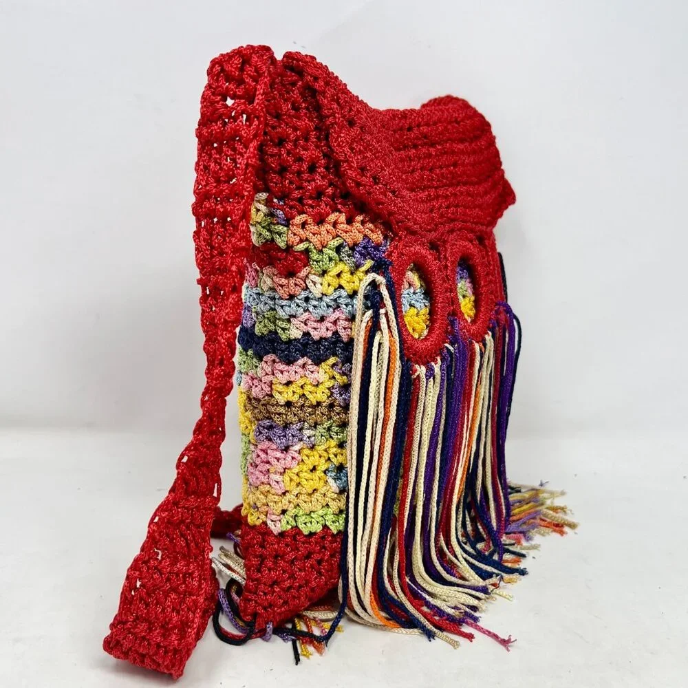 Crochet Shoulder Bag Handmade Boho Hippie Rainbow Fringe - Read‎ - Rough Fibers
